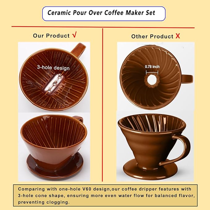 Wild Lily's Spring 22 Oz Vintage Ceramic Pour Over Coffee Maker Set with 4 Coffee Mugs, Ceramic Coffee Pot & 3-Hole Dripper Set, Perfect for 3-4 People at Home, in Cafés and Restaurants (Caramel)