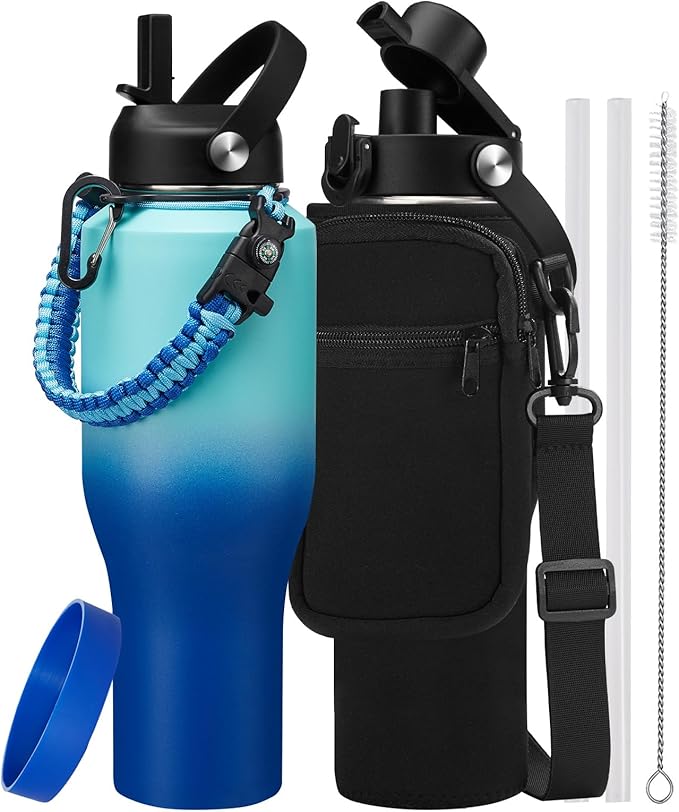 40 oz Insulated Water Bottle Fit in Car Cup Holder - Metal Water Bottle with Straw, Auto Spout Lid, Leakproof T-shape Stainless Steel Tumbler with Lid & Straw, Storage Carrier Bag, Silicone Boot