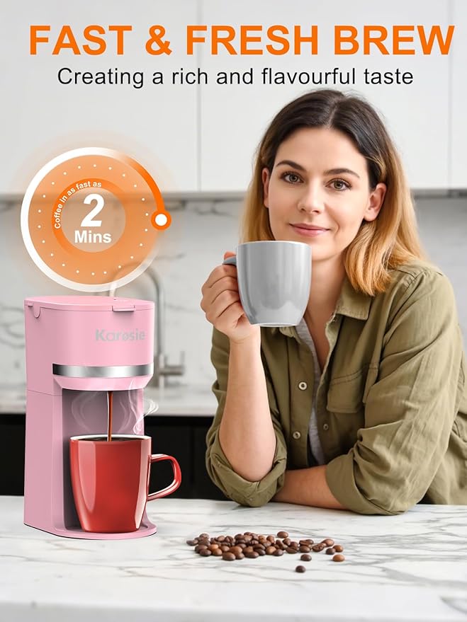 Single Serve Coffee Maker for K-Cup and Ground Coffee, Fast Brew, 6-12 oz Brew Sizes One Cup Coffee Machine Fits 5.5" Mugs, One-Button Small Coffee Maker with Descaling Reminder,Pink