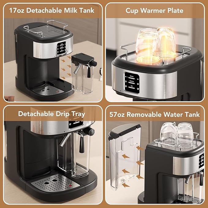 COWSAR 20 Bar Espresso Machine, Cappuccino Machine With Automatic Milk Frother, Latte Machine With Dual Boiler, 57oz Removable Water Tank, Expresso Coffee Machine For Ground Coffee & Capsules