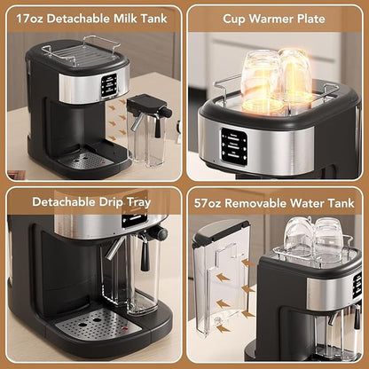 COWSAR 20 Bar Espresso Machine, Cappuccino Machine With Automatic Milk Frother, Latte Machine With Dual Boiler, 57oz Removable Water Tank, Expresso Coffee Machine For Ground Coffee & Capsules