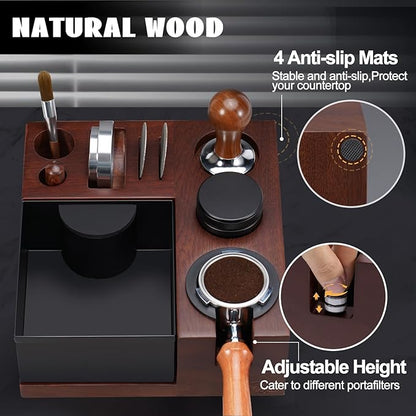 Espresso Knock Box, Walnut Tamping Station, 9 in 1 Coffee Organizer Box Fit for 51mm 54mm 58mm, Coffee Distributor & Portafilter, Espresso Accessories Kit