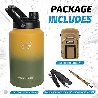 NATURE PIONEOR One Gallon Water Bottle Insulated - Large Double Vacuum Stainless Steel 128 oz Water Bottle with Holder/Carrier, 1 Gallon Water Jug,128oz, Wide Mouth