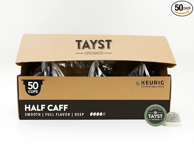 Tayst Coffee Pods, Half Caff Dark Roast, K Cups Compatible with Keurig Coffee Maker, Reduced Caffeine, Sustainable Single Serve, Pack of 50