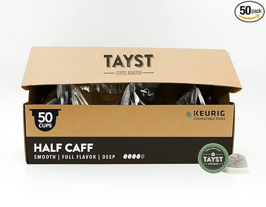 Tayst Coffee Pods, Half Caff Dark Roast, K Cups Compatible with Keurig Coffee Maker, Reduced Caffeine, Sustainable Single Serve, Pack of 50