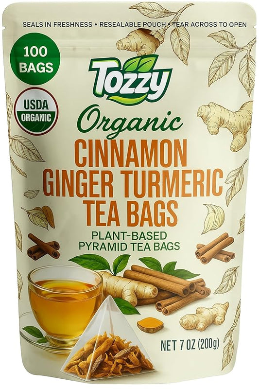 Tozzy Organic Turmeric, Ginger & Cinnamon Tea - 100 Count | Pyramid Tea Bags (Plant-Based & Eco-conscious) | Pure Ingredients