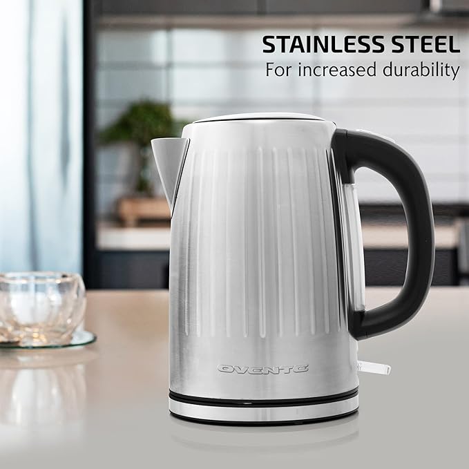OVENTE Electric Kettle, 1.7L Stainless Steel Fast Boiling Water Heater with 1750W Power, BPA Free & Cordless Body, Auto Shut-Off, Boil-Dry Protection, Indicator Light & Removable Filter, Silver KS711S