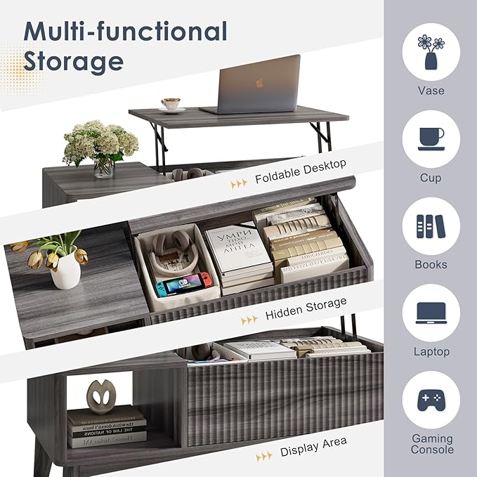 LYNCOHOME Fluted Lift Top Coffee Table with Storage,Modern Center Table for Living Room, Home Office（Grey）