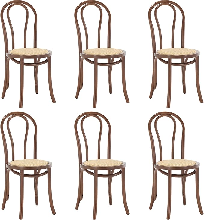 Kmax Vintage Dining Chairs Set of 6, Thonet Soild Wood Rattan Dining Room Chairs Armless French Country Kitchen Chairs for Wedding Hotel Dessert Shop Cafe, Walnut