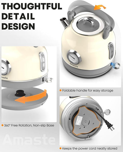 Amaste Electric Kettle, Retro Electric Tea Kettle With Thermometer, 57 Oz Hot Water Kettle For Coffee & Tea, 304 Stainless Steel, 1500w Fast Boiling, Auto Shut-Off & Boil Dry Protection, Cream White
