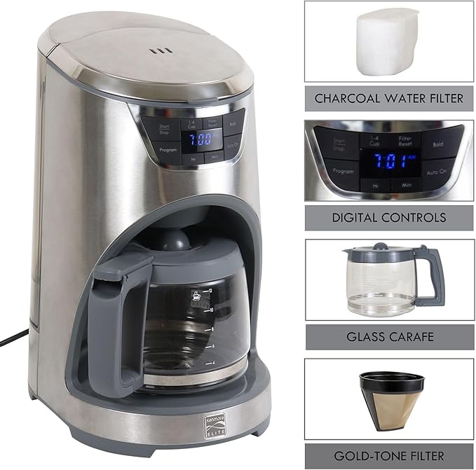 Kenmore Elite Drip Coffee Maker - 12 Cup Programmable Cafe Machine With Glass Pot, Regular & Bold Brew, Auto Shut Off Large Water Reservoir, Reusable Filter, Kitchen Appliances