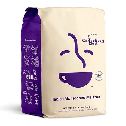 Coffee Bean Direct Indian Monsooned Malabar, Whole Bean Coffee, Arabica Coffee, Light Roast, 5 Pound Bag (Pack of 1)