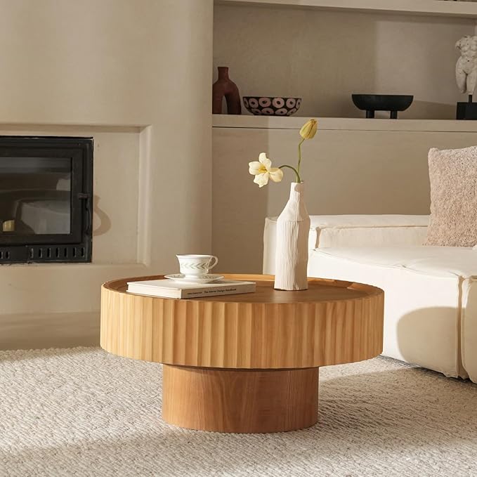 Round Wood Coffee Table - Wooden, Ribbed-Design, 30.3" Dia, 14.9" H Living Room Table, Center Table Simple Modern Style for Home Living Room Furniture (Nature Wood, 30.3''L×14.9''H)