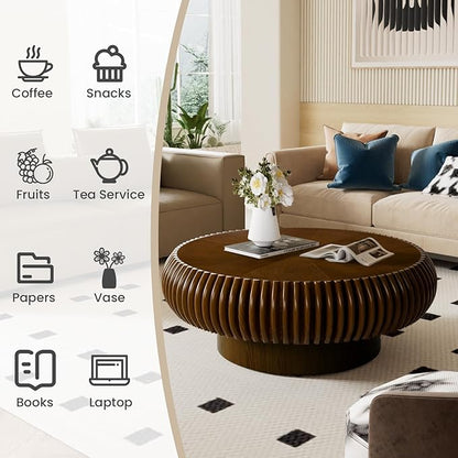 Round Fluted Coffee Table Modern Handcraft Drum Coffee Table with Sturdy Pedestal 31.5" Farmhouse Center Table Tea Table for Living Room, Reception Room, Entertainment Room (Walnut 31.5 inch)