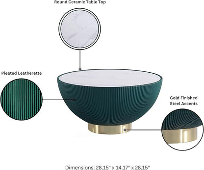 Manhattan Comfort Modern Anderson Coffee Table, 1.0 & 2.0 End Table, Upholstered in Green Leatherette with Ceramic Faux Tabletop and Gold Metal Tabletop- Set of 3