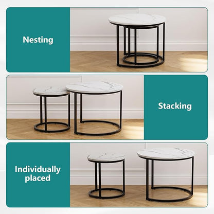Smuxee White Nesting Coffee Table Set of 2, 23.6" Round Coffee Table Wood Grain Top with Adjustable Non-Slip Feet, Industrial End Table Side Tables for Living Room Bedroom Balcony Yard