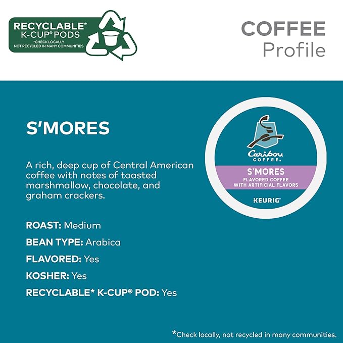 Caribou S’mores Cabin Coffee, Single Serve Keurig K-Cup Pods, Medium Roast Coffee, 60 Count (6 Packs of 10)