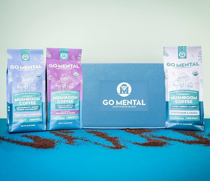 Organic Mushroom Coffee 3 Bag Gift Box Set, Lion's Mane & Chaga, Red Reishi & Chaga Decaffeinated, Turkey Tail & Cordyceps, Immune Support & Overall Wellbeing Dark Roast 36oz Ground