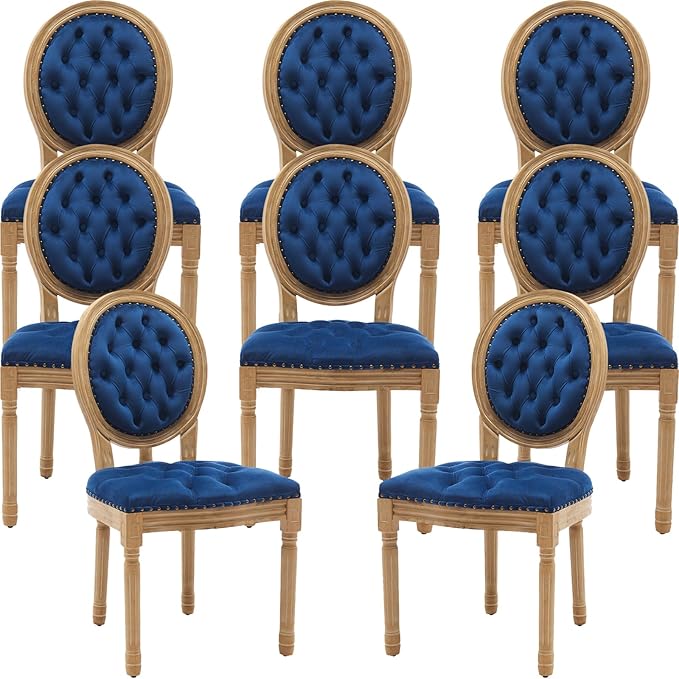 French Country Dining Chairs Set of 8, Blue Velvet Upholstered Dining Chairs, Tufted Back, Solid Wood Legs, Farmhouse Kitchen & Dining Room Chairs, Sillas De Comedor (Blue, 8Pcs)