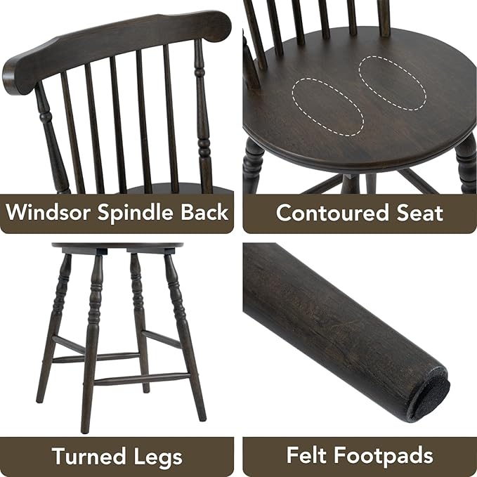 chairus 24" Windsor Counter Height Bar Stools Set of 4, Farmhouse Wooden Counter Stools with Spindle Back & Turned Legs, Rustic Vintage Colonial Bar Chairs for Kitchen Island, Antique Brown