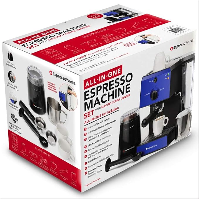EspressoWorks All-In-One Espresso Machine 7-Piece Set - Latte Maker Includes Grinder, Frothing Pitcher, Cups, Spoon and Tamper - Coffee Gifts (Blue)