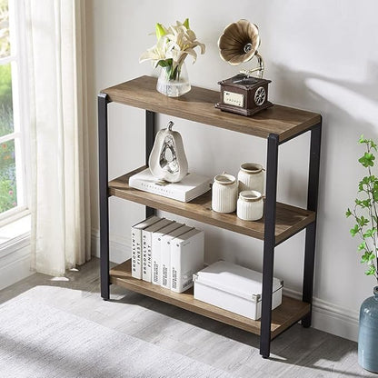 FOLUBAN 3 Tier Bookshelf, Industrial Bookcase and Book Shelves for Bedroom, Rustic Wood and Metal Book Case for Office, Oak