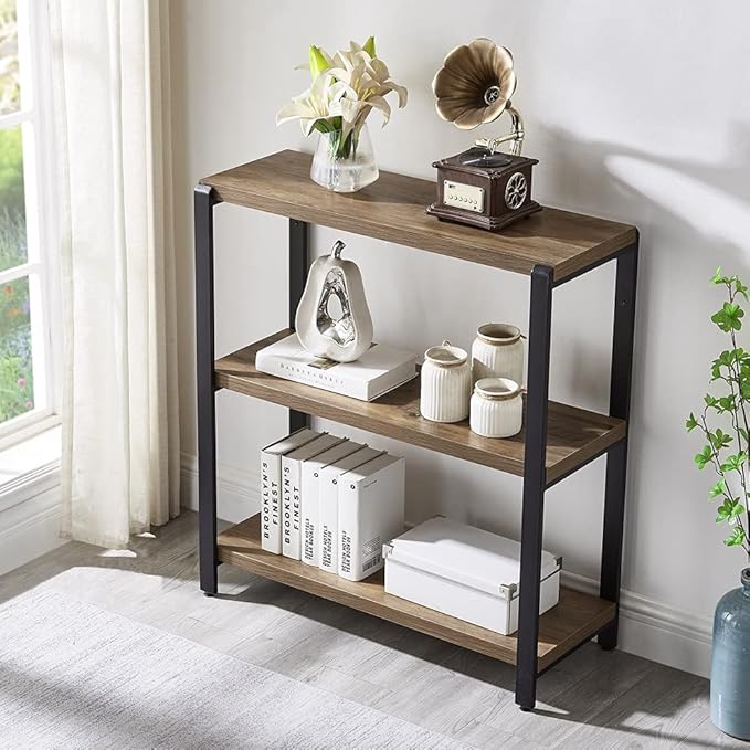 FOLUBAN 3 Tier Bookshelf, Industrial Bookcase and Book Shelves for Bedroom, Rustic Wood and Metal Book Case for Office, Oak