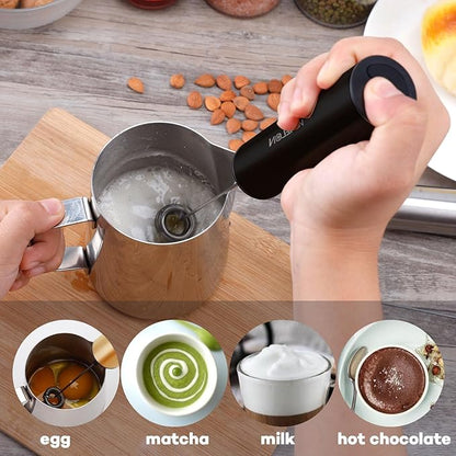 Rechargeable Milk Frother Handheld Electric Frother Wand Milk Foamer Drink Mixer for Coffee, Lattes, Cappuccino, and Egg, Stainless Steel for Travel-Black