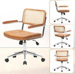 Load image into Gallery viewer, Rattan Office Chairs, Modern Rattan Desk Chair with Natural Back &amp; Wood Armrest, Small Upholstered Tufted Leather Home Office Desk Chairs for Home Ofice, Bedroom, Study, Brown