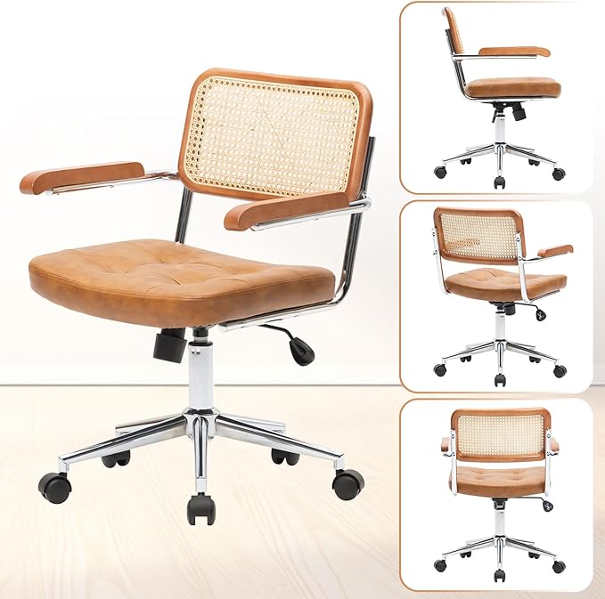 Rattan Office Chairs, Modern Rattan Desk Chair with Natural Back & Wood Armrest, Small Upholstered Tufted Leather Home Office Desk Chairs for Home Ofice, Bedroom, Study, Brown