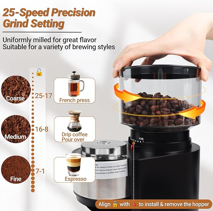 Electric Burr Coffee Grinder with 25 Grind Setting for 2-12 Cup Adjustable Stainless Steel Dosing Bean Mill Home Automatic Conical Freshly Ground Espresso Grinder with Cleaning Brush Black