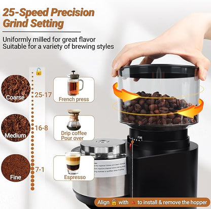 Electric Burr Coffee Grinder with 25 Grind Setting for 2-12 Cup Adjustable Stainless Steel Dosing Bean Mill Home Automatic Conical Freshly Ground Espresso Grinder with Cleaning Brush Black