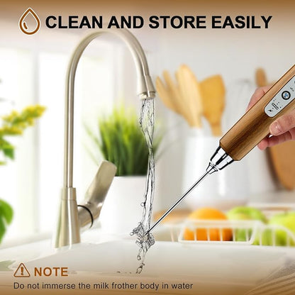 YUSWKO Wood Grain Handheld Milk Frother Wand with Stand for Coffee, Rechargeable Electric Whisk with 3 Heads 3 Speeds Drink Mixer Coffee Frother For Latte, Cappuccino, Hot Chocolate, Egg