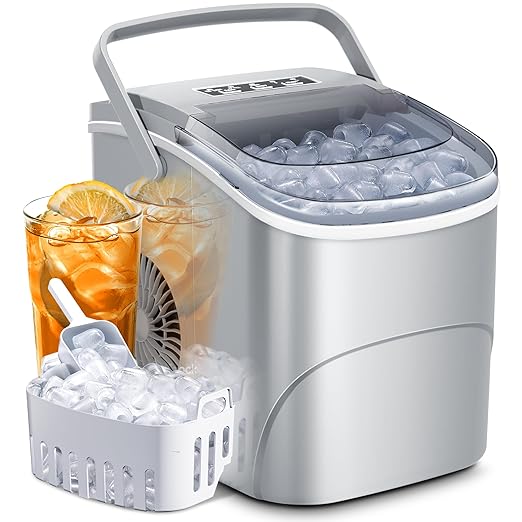 AGLUCKY Ice Makers Countertop with Handle,26.5Lbs/24H,9 Cubes in 6 Mins,2 Sizes of Bullet Ice,Portable Machine with Self-Cleaning,Perfect for Home Kitchen(Grey)
