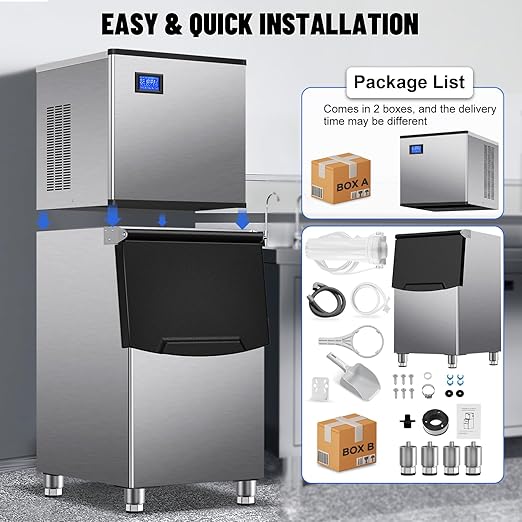 Commercial Ice Maker Machine 500Lbs/24H with 350Lbs Large Ice Storage Bin, Freestanding Ice Maker 156Pcs Clear Ice Cubes in 10Mins, Auto-Clean Stainless Steel Industrial Ice Machine for Restaurant