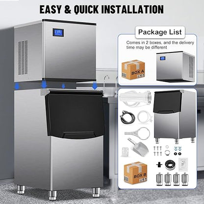 Commercial Ice Maker Machine 500Lbs/24H with 350Lbs Large Ice Storage Bin, Freestanding Ice Maker 156Pcs Clear Ice Cubes in 10Mins, Auto-Clean Stainless Steel Industrial Ice Machine for Restaurant