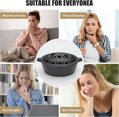 Wood Stove Steamer 2.5 Quart, Wood Stove Humidifier with Decorative Bear Pattern, Cast Iron Steamer for Wood Stove Rust Resistant Matte Black