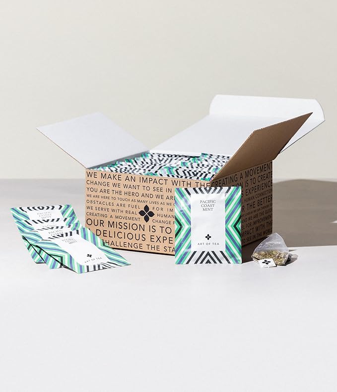 Art of Tea | Organic Pacific Coast Mint (Naturally Caffeine Free) | 50 Eco Friendly Pyramid Peppermint Tea Bags | Herbal Tea Bags