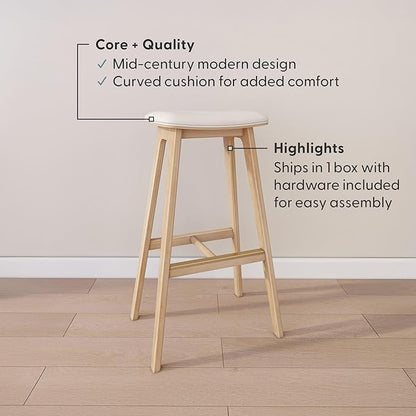 Plank+Beam Beryl Bar Height Stool - Mid-Century Modern Rubberwood Bar Stool with Faux Leather Seat, Metal Footrest, Easy Assembly, Blonde/Sesame