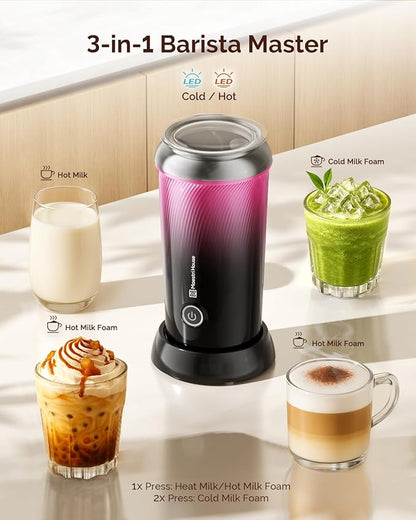 Maestri House Milk Frother, 3-in-1 Hot & Cold Mik Frothing Steamer, 8.12OZ/240ML Touch Control Foam Maker, Compact Space-saving Design for Latte, Cappuccino and Warm Milk