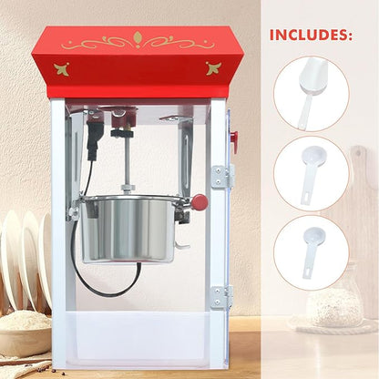 Popcorn Machine Maker With 8 Oz Kettle Makes Up to 32 Cups Popcorn Machine Cart Vintage-Style Popper on Wheels Popcorn Machines for Home (Red)