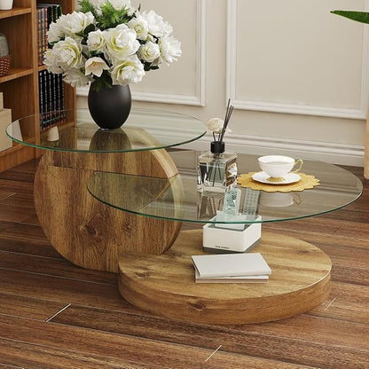 42 Inch Glass Coffee Table，Round Coffee Table with 2-Tier Tempered Glass Tabletop，Easy to Clean Circle Coffee Table with Sturdy Base for Living Room，Office （Brown Colored Base）