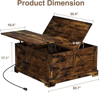 Coffee Table with Hidden Storage, 35.4" W Farmhouse Lift Top Wood Square Center Table with Charging Station, Rustic Cocktail Tables with Flip Top Lids for Living Room, Home Office, Rustic Brown