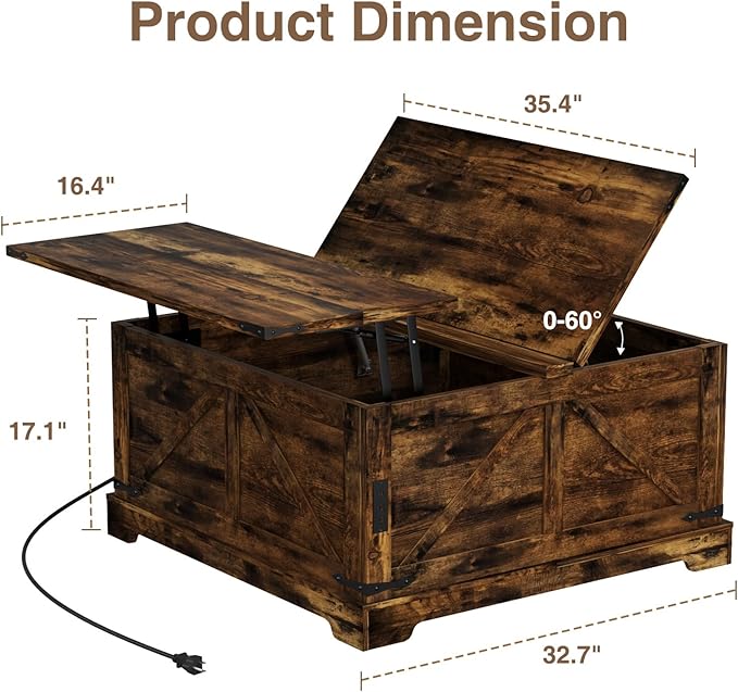 Coffee Table with Hidden Storage, 35.4" W Farmhouse Lift Top Wood Square Center Table with Charging Station, Rustic Cocktail Tables with Flip Top Lids for Living Room, Home Office, Rustic Brown