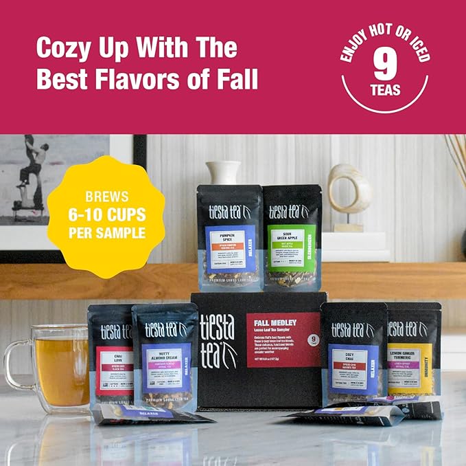 Tiesta Tea - Fall Medley Tea Sampler Dry Flight Set, Loose Leaf, No Caffeine, Makes Hot & Iced, Assorted Brew Sets with Herbal, Black, Fruit, Chai Blend & More, 9 Resealable Sample Pouches