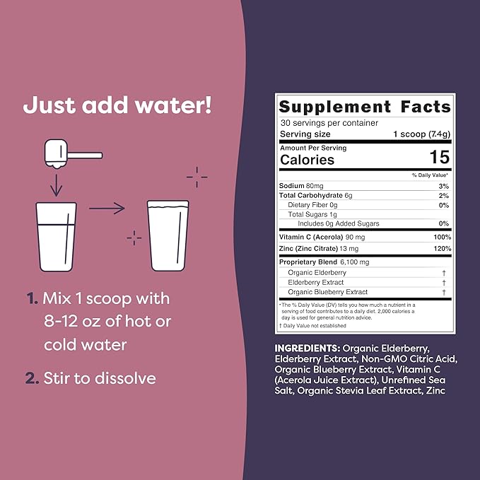 FlavCity Elderberry Immunity Tea Powder – Antioxidant-Rich Herbal Tea with Zinc & Acerola for Daily Immune Support – Sugar-Free, Shelf-Stable, Hot & Cold Brew, 30 Servings