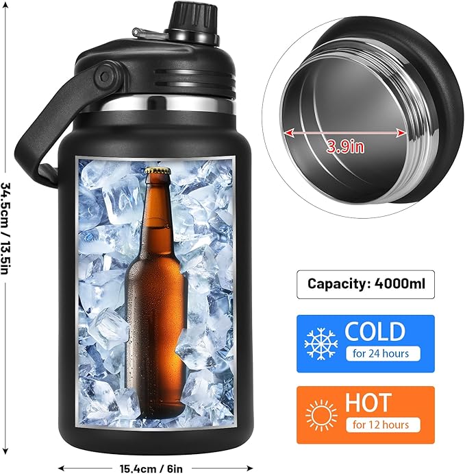 1 Gallon Thermosflask with Straw, 135oz Stainless Steel Insulated Water Bottle，4L Oversized Double Wall Vacuum Jug with Handle for Hot Cold Drinks, Wide mouth Icebuckets for Hiking Sports(Black)