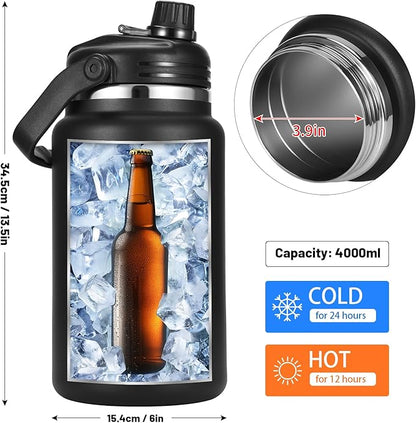1 Gallon Thermosflask with Straw, 135oz Stainless Steel Insulated Water Bottle，4L Oversized Double Wall Vacuum Jug with Handle for Hot Cold Drinks, Wide mouth Icebuckets for Hiking Sports(Black)