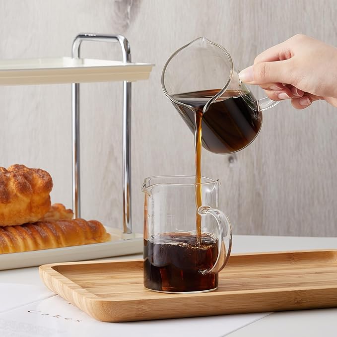 Leinuosen 2 Pcs Small Glass Creamer Pitcher with Spout Milk Frothing Pitcher Elegant Shaped Glass Coffee Tea Milk Creamer Jug Creative Milk Frother Cup (Simple Style,250ml)