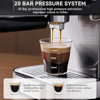 Professional 20-Bar Espresso Coffee Maker, Semi-Automatic with Steam Wand Milk Frother, All-in-One Machine with 1.8L Removable Tank for Latte Cappuccino, Easy Clean